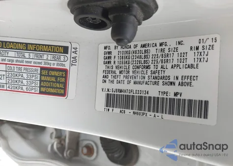 2015 Honda Cr-V Ex-L z USA, uszkodzony, nr VIN 5J6RM4H70FL033134